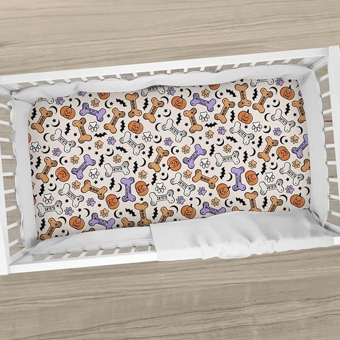 Cute Halloween Dog Paws Baby Crib Sheets Halloween Pumpkin Bone Bats Soft Baby Sheets Fitted Crib Mattress Cover Dog Lover Gift for Standard Crib Mattress 52"x28"