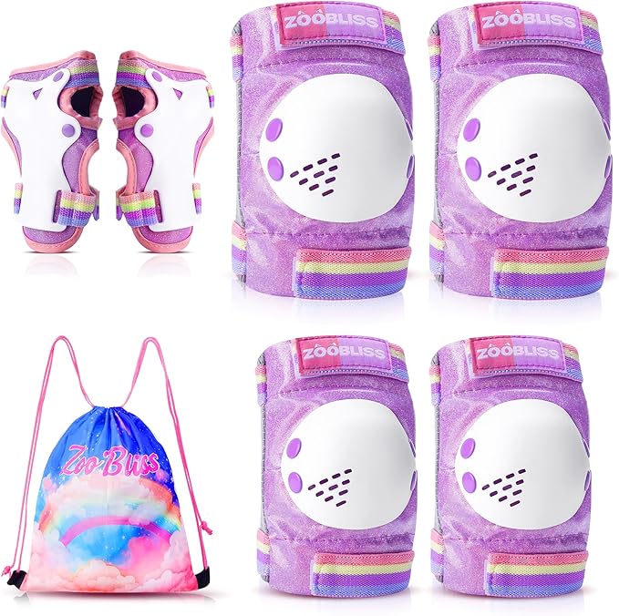 Knee Pads for Kids - ZOOBLISS Toddler Knee and Elbow Pads Set Wrist Guards for Skating Girls Aged 3-12, Kids Protective Gear for Roller Skates Skateboard Bike Scooter, Included Drawstring Bag(Rainbow)