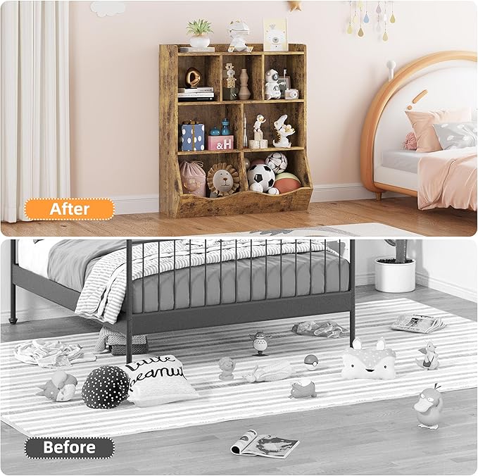 GarveeHome Rustic Brown Toy Storage Cabinet, Three-Tier Kids Bookshelf and Bookcase for Storage Books and Toys, Multi Shelf with Cubby Organizer for Bedroom and Playroom