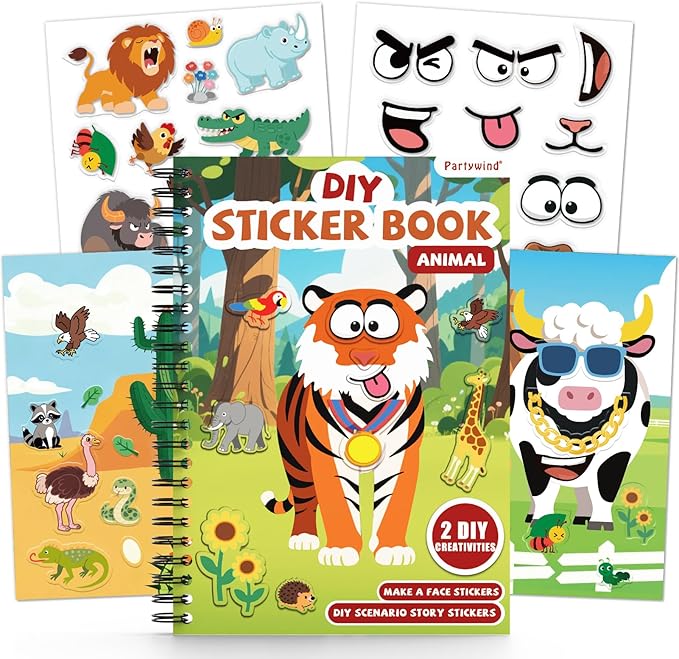 Animals Reusable Sticker Book for Toddlers, DIY Make-a-face Animals Fun Jelly Stickers, Washable Puffy Stickers for Kids Toys, Airplane Road Trip Travel Activities Essentials for Kids 3 4 5 Years