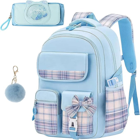 Aulenge Kids Backpack for Girls Cute Teen School Backpack Ages 8-12 with Pencil Case Set Kawaii Stitch Blue School Bookbags with Multiple Pockets for Primary & Middle School Students