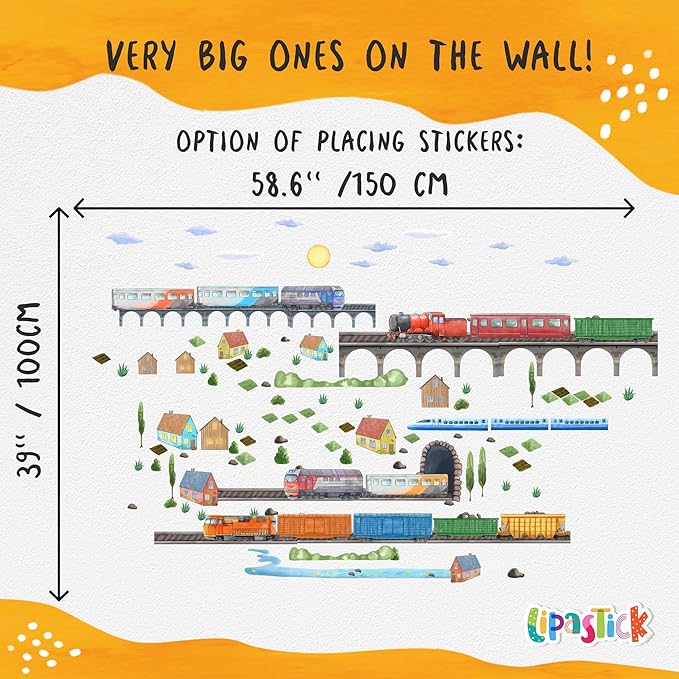 Train Wall Decals for Kids by Lipastick - Educational Railroad Wall Stickers for Boys and Girls - Peel and Stick Locomotive, Carriage, Wagon Wall Decals for Nursery, Playroom, Bedroom Decor -M Size
