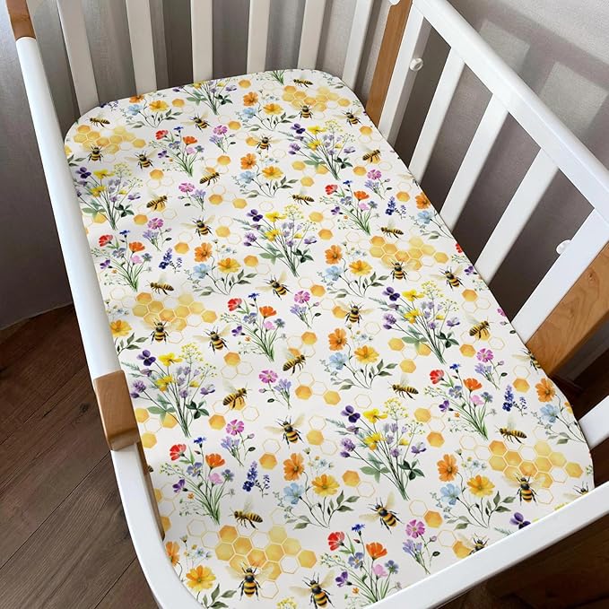 Boho Wildflower Bees Honeycomb Baby Crib Sheets for Boy Girl 52x28Inch Watercolor Honeybee Floral Soft Snug Fitted Crib Mattress Cover Summer Baby Sheet for Standard Crib & Toddler Mattress 2 Pack