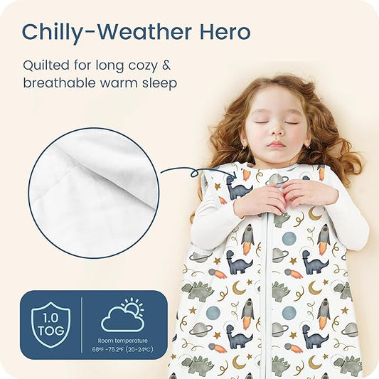 1.0 TOG Toddler Sleep Sack, Wearable Blanket Baby Sleeping Bag with 2-way Safe Zipper, Ultra Soft All Season Sleep Sack for 24-36-48 Months, 1 Pack(Dino Space)