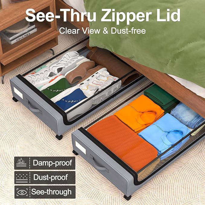 GoMaihe Under Bed Storage with Wheels: XXL Underbed Storage Containers with Lids - Rolling Bins for Shoes Clothes in Dorm Bedroom - Metal Drawers Easy Pull-out Grey 4-Pack