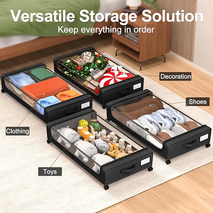 GoMaihe Under Bed Storage with Wheels: XXL Underbed Storage Containers with Clear Lids - Rolling Drawers & Bins for Shoes Clothes in Dorm Bedroom - Space-Saving Easy Pull-out Black 2-Pack