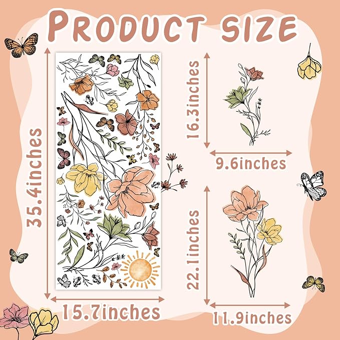 Boho Flower Wall Decals Watercolor Flower Plants Wall Stickers Wildflower Floral Walls Decals for Living Room Peel and Stick Modern Line Butterflies Art Murals for Girls Bedoom Office Home Decoration