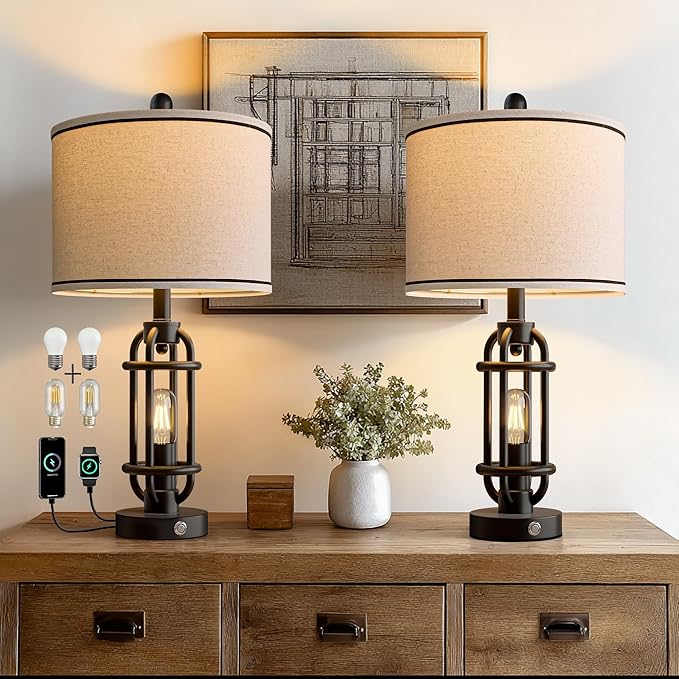G-SAFAVA 24'' Table Lamps for Living Room Bedroom Set of 2 Industrial Touch Lamp with USB A+C Ports, Night Light Farmhouse Vintage Nightstand Bedside Lamps for Night Stands Metal Black, Bulbs Included