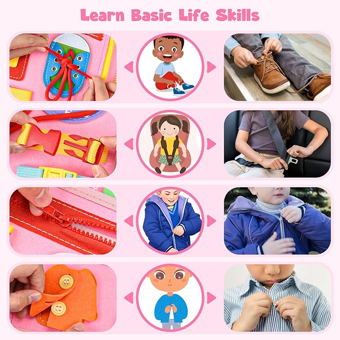 Busy Board Montessori Toys for 4 Years Old, Busy Books for Toddlers, Sensory Board Quiet Book Educational Activity Book for Toddlers 4-5, Toddler Travel Toys for Plane Car, Gifts for Boys Girls (Pink)