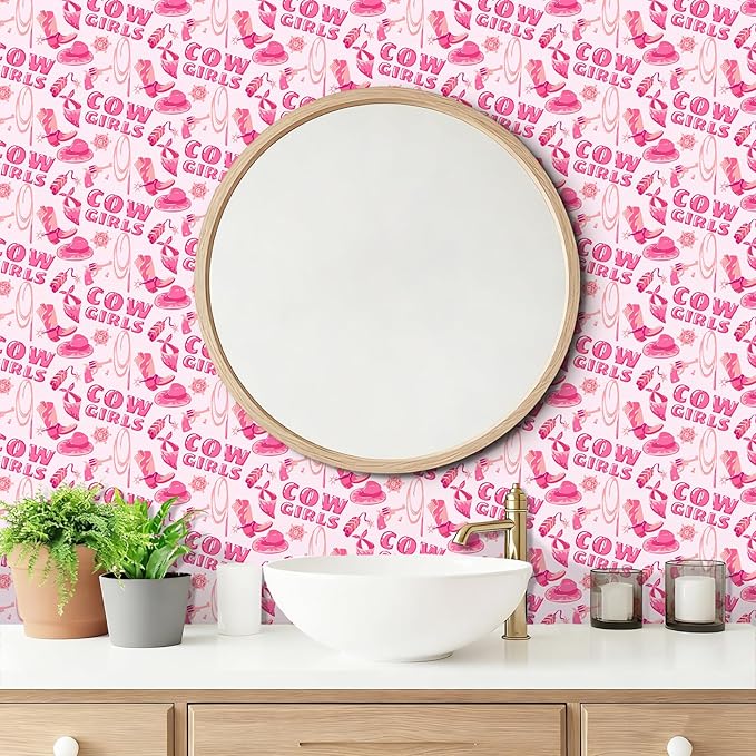 Pink Peel and Stick Wallpaper Cowgirl Contact Paper Staircase Sticker Western Theme Self Adhesive Wall Paper Hat Boots Vinyl Film Disco Cow Print Art Mural for Cabinets Bedroom Drawer 15.7"x62.9"