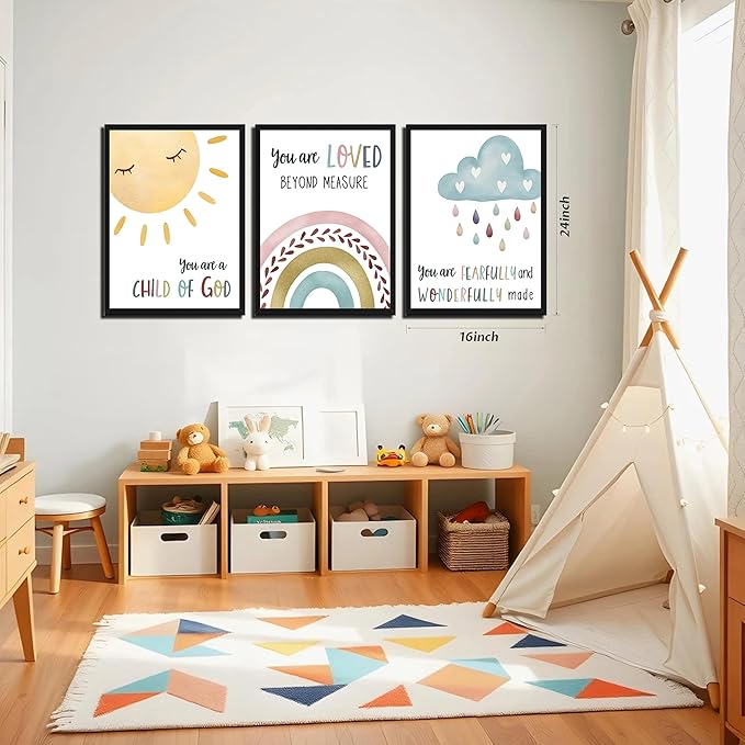 Kids Bible Verse Wall Art, Christian Scripture Wall Decor Paintings Set of 3, Nursery Rainbow Inspirational Posters Prints Pictures for Classroom Kids Room Baby Room Bedroom 16x24 Inch Wood Framed