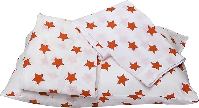 Bacati - Muslin Ikat Stars 4 Piece Neutral Toddler Bedding Set 100 Percent Cotton Includes Reversible Comforter, Fitted Sheet, Top Sheet, and Pillow Case (4 pc Toddler Bedding Set, Orange Stars)