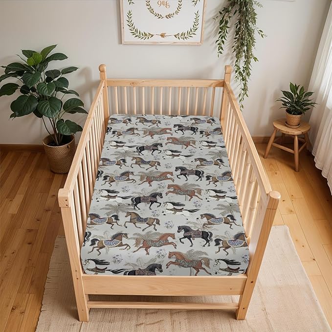 Vintage Horses Baby Crib Sheets for Boy Girl 52x28Inch Retro Arabian Horses Palm Trees Soft Stretchy Fitted Crib Mattress Covers Horse Lovers Baby Sheet Fits Crib and Toddler Bed Mattresses Gray