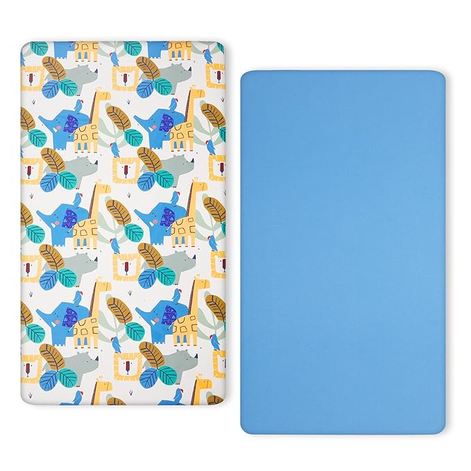 TILLYOU Baby Crib Sheets for Boys Girls, Super Soft Toddler Bed Sheets, 2 Pack Sheets for Standard Crib Mattress 28x52in, Animal Geometry