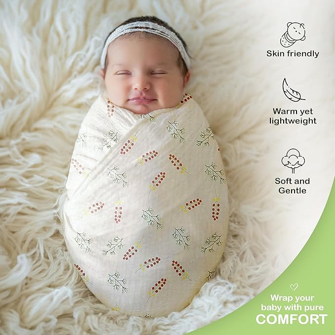Organic Cotton Muslin Baby Blanket - 47x47 Inch Breathable Swaddle, Hypoallergenic Double-Layer, Versatile Use (Pink Floral, 47x47 Inch)
