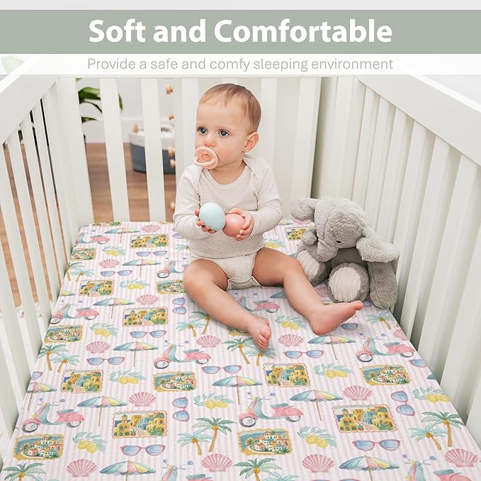Pastel Summer Beach Baby Crib Sheets for Boy Girl 52"x28" Lemon Palm Tree Seaside Village Stripes Soft Snug Fitted Crib Mattress Cover Vibrant Coastal Baby Sheet for Crib & Toddler Bed Mattress