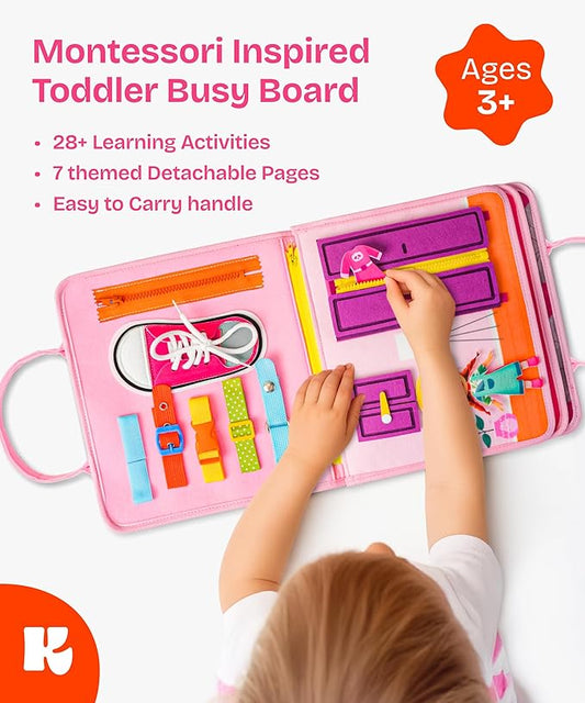 KEPLR Toddler Busy Board Montessori Toys for Toddlers 1-3 Year Old Educational Activity Book Board Sensory Travel Toys Ages 2-4 Preschool Learning Fine Motor Skills Toy Quiet Book Gift for Kids