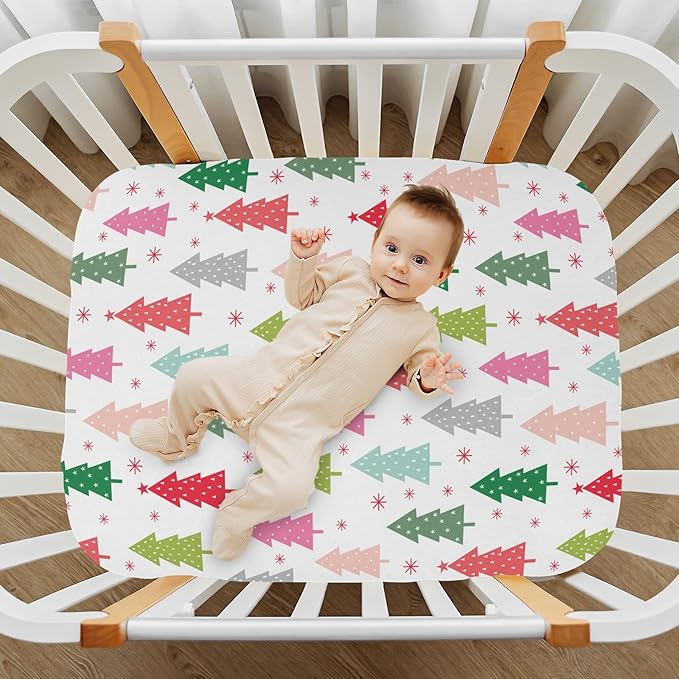 Colorful Christmas Tree Crib Sheets Soft Breathable Fitted Baby Crib Sheets Mattress Cover for Girl Boys, 52" x 28" x 9"