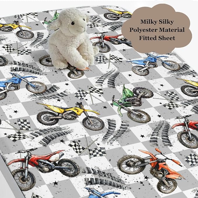 Vintage Motor Bike Checkered Fitted Crib Sheet for Baby Girls Boys 52x28Inch Motorcycle Race Flag Stars Baby Sheet for Standard Crib and Toddler Mattress Racing Vehicles Bed Sheets