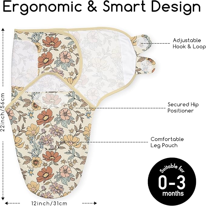 Baby Swaddles for Newborn Organic Cotton,Soft & Snug Newborn Velcro Swaddle 0-3 Months Sleep Sack Helps Calm Startle Reflex, 2-Pack Wrap Nursery Swaddling Blankets Retro Floral