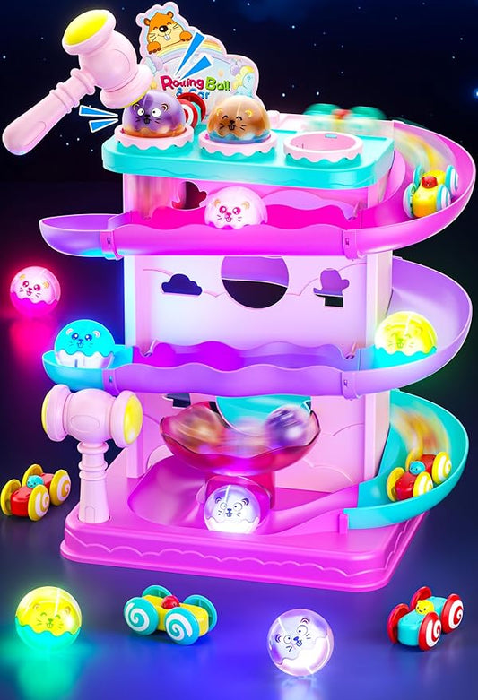 Funwee 2-in-1 Rolling Ball & Racing Car Ramp Toy for Toddlers, Race Track Hammer Lights Ball Drop, Interactive Montessori Learning Game Birthday Gift Idea for Kids 2 3 4 5+Year Old Girl Boy(Pink)