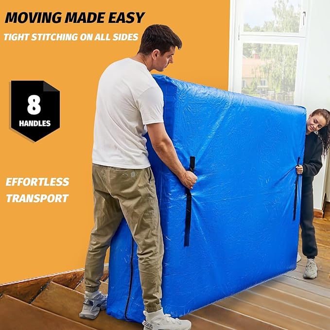 Mattress Bags for Moving, BETU Mattress Protector Waterproof Mattress Cover King Size Storage Bags with 8 Heavy-Duty Handles and Zipper for Bed Extra Thick Large Reusable (82"x79"x15" Blue)