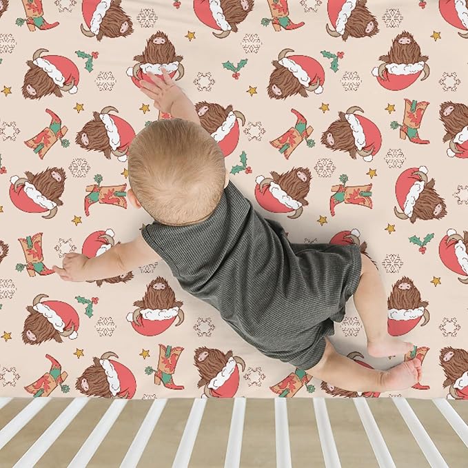 Christmas Highland Cows Baby Crib Sheets for Boy Girl 52x28 Farm Cow Yak Western Boots Snowflakes Soft Fitted Crib Mattress Cover Winter Holiday Baby Sheet for Standard Crib & Toddler Mattress Pad