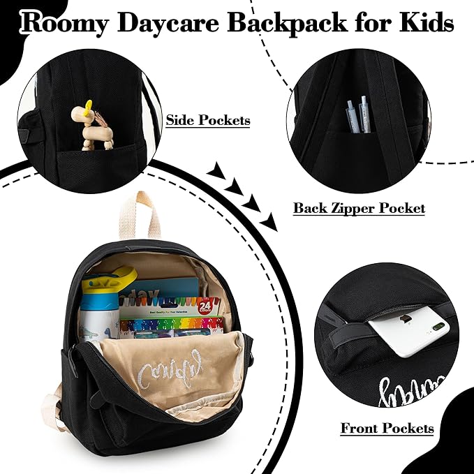 MT WORLD Daycare Backpack - Personalized Canvas Backpack with Name - Classic 15inch Daypack with Back Pocket - Custom Daycare Diapering Bag for Overnight Travel Birthday Gifts (Black, Large)