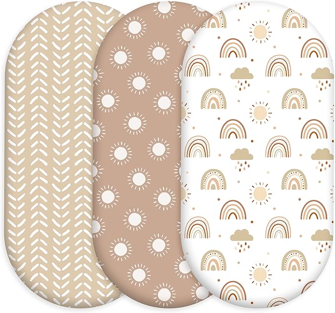 Baby Bassinet Sheets Girl Unisex - 3 Pack Safe Cradle Sheets Universal for Hourglass, Oval Rectangle Bassinet Mattresses (32" x 16") Cloud Rainbow