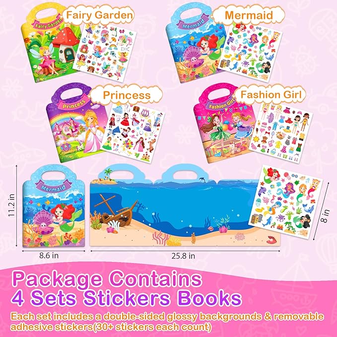 4 Sets Reusable Sticker Books for Toddler, Dress Up Stickers Book for Girls, Arts Crafts Jelly Stickers Travel Toys, Birthday and Christmas Gifts for Kids 3 4 5 6, Princess, Mermaid, Fairy Tale