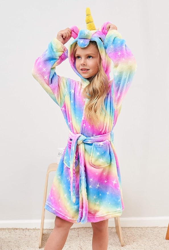 Soft Unicorn Hooded Robe with Matching Slippers Headband and Blindfold for Girls