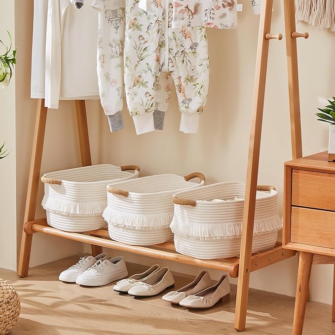 BUBUSUN Storage Bins Woven Baskets for Storage Set of 3, Cotton Rope Basket with Handles for Toys/Shelves/Laundry, Rectangle Multi-Purpose Organizer for Living Room, Bedroom, Nursery (White)