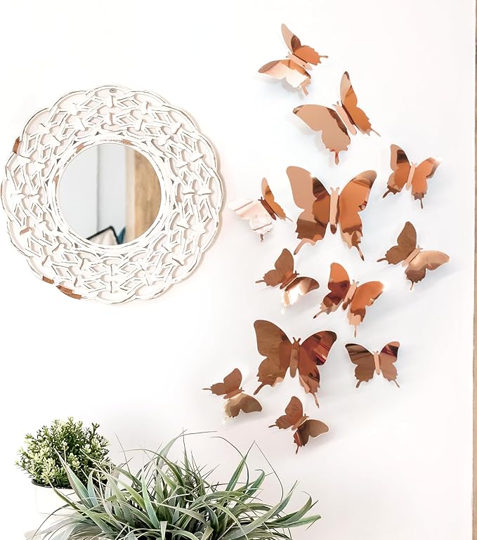 Butterfly Wall Decal Room Decor, Rose Gold Butterfly Wall Decor 24 pcs, Party Decor, Wedding Decoration, Aesthetic Butterflies Stickers for Bedroom