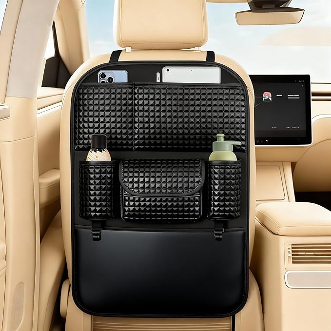 QIANKUNBAG Back Seat Cover For Kids + 5 Pocket Storage Organizer, 1 Pack X-Large Waterproof Kick Mats Backseat Protector, Car Seat Back Protectors For Vehicles To Protect From Dirt, Mud & Scratches