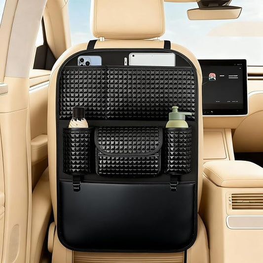 QIANKUNBAG Back Seat Cover For Kids + 5 Pocket Storage Organizer, 1 Pack X-Large Waterproof Kick Mats Backseat Protector, Car Seat Back Protectors For Vehicles To Protect From Dirt, Mud & Scratches