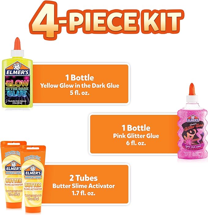 Elmer’s Butter Slime Kit, Includes Glow in the Dark Glue, Glitter Glue, Slime Activator, 4 Count - Kids Activity, Creative Fun, Arts & Crafts