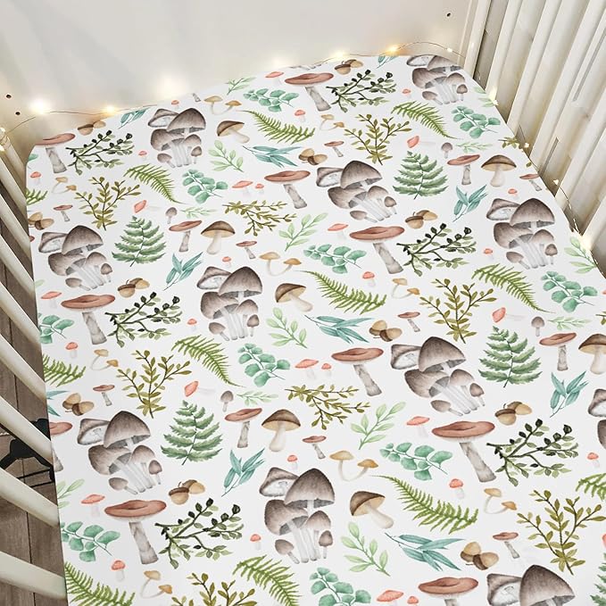 Vintage Mushroom Baby Crib Sheets for Boy Girl 52x28Inch Colorful Mushrooms Leaves Soft Snug Fitted Crib Mattress Cover Magical Plant Baby Sheet for Standard Crib & Toddler Bed Mattress