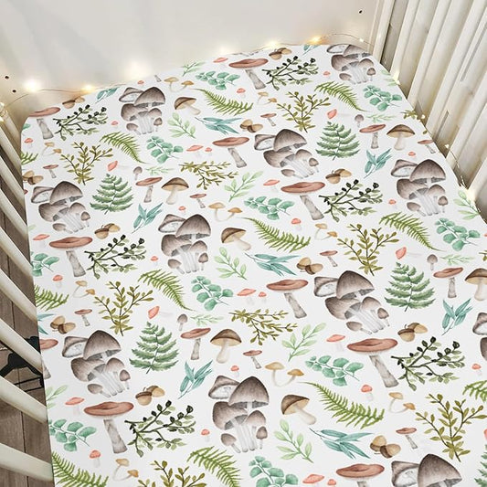 Vintage Mushroom Baby Crib Sheets for Boy Girl 52x28Inch Colorful Mushrooms Leaves Soft Snug Fitted Crib Mattress Cover Magical Plant Baby Sheet for Standard Crib & Toddler Bed Mattress