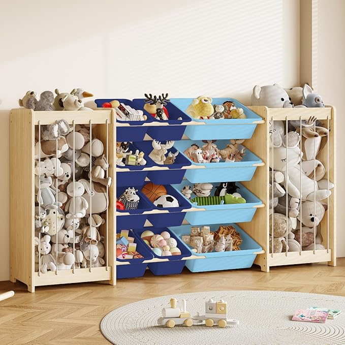 EXPERLAM Toy and Stuffed Animal Storage, 12-Bin Toy Shelf with Double-Sided Stuffed Animal Holder & Thicker Elastic Ropes, Space-Saving Solid Wood Toy Organizer for Playroom, Nursery, Bedroom, Blue
