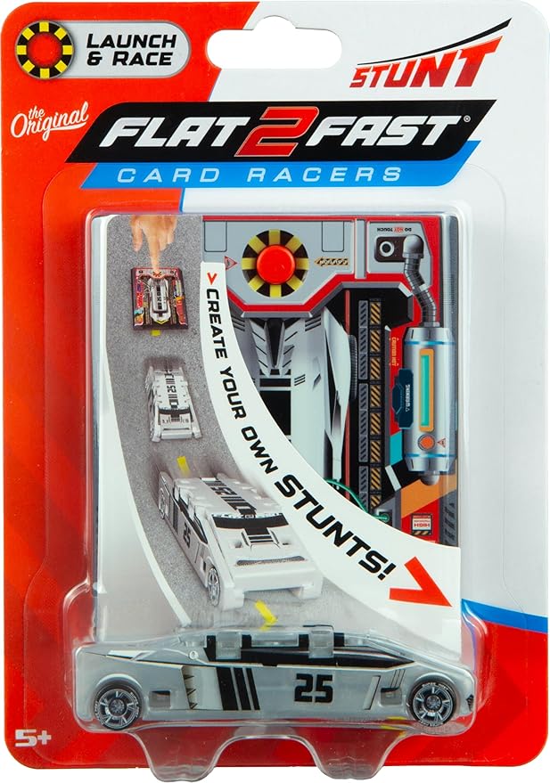 FLAT 2 FAST Original Stunt Card Racer – Flat Car Racer and Pocket Size Racecar Launcher with Built-in Button for Stunt Launching and Racing – Compact – Arctic Silver