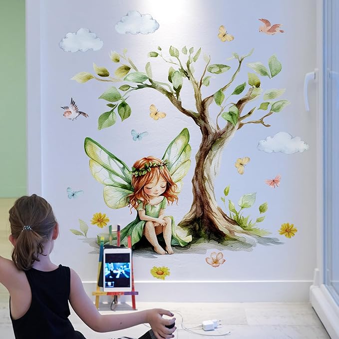 DRWSSR 2Sheets Removable Cartoon Green Butterfly Elf Girl Decals Fairy Wall Decals DIY Tree and Leaves Wall Sticker Peel and Stick Butterfly Bird Art for Girls Room Living Room Bedroom Bathroom Decor