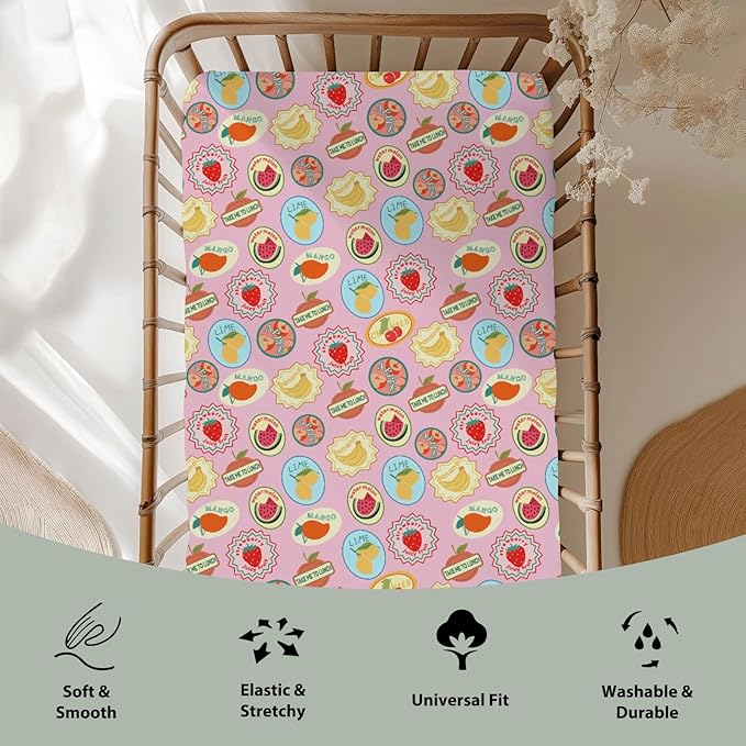 Fruits Summer Preppy Baby Crib Sheets for Girl 52x28Inch Cute Tropical Fruits Stamp Soft Snug Fitted Crib Mattress Cover Retro Summer Beach Nursery Baby Sheet for Standard Crib & Toddler Bed Mattress