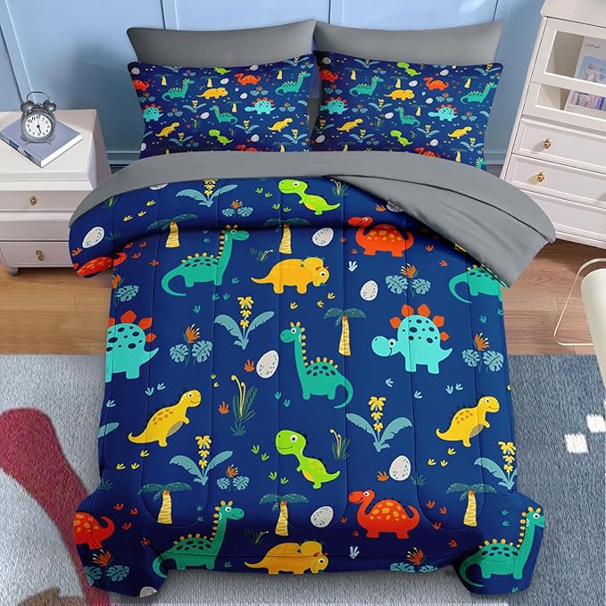Nesker Comforter Set Toddler Size, Blue Dino 4 Pcs Bedding for Kids Teens, Dinosaur Bed Sheet with Pillowcase & Sham