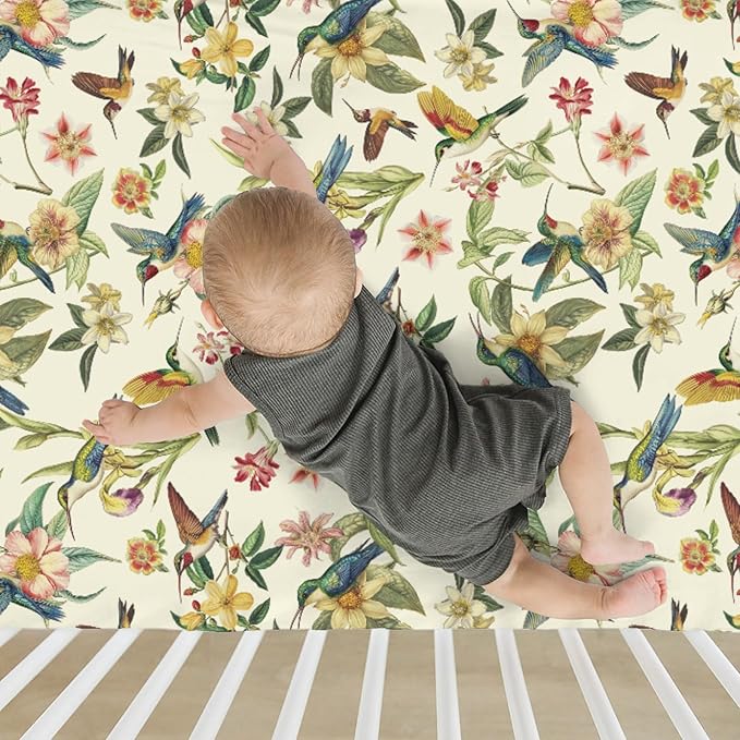 Vintage Hummingbirds Flowers Baby Crib Sheets for Boy Girl 28"x52" Spring Birds Colorful Floral Leaves Soft Snug Fitted Crib Mattress Cover Garden Baby Sheet for Standard Crib & Toddler Bed Mattress