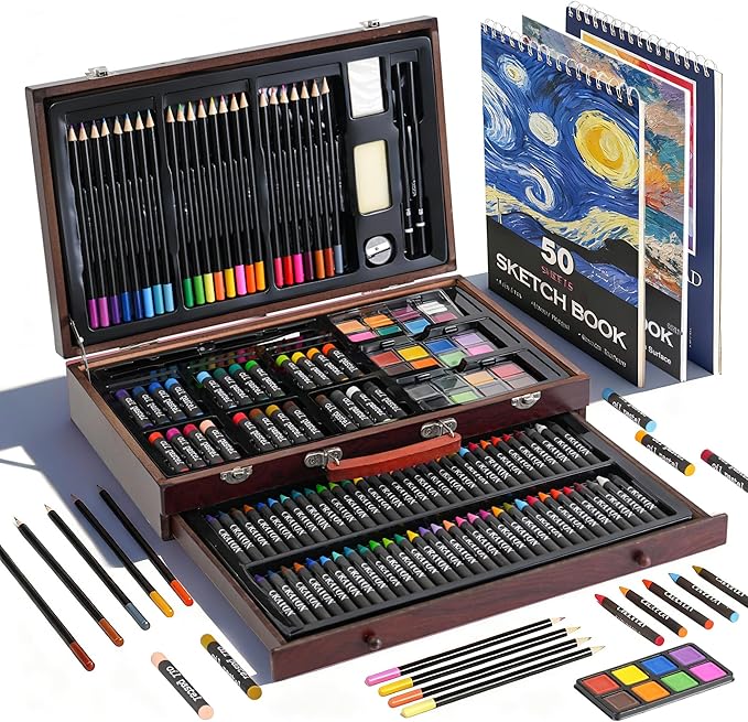 GOTIDEAL 143 Piece Kids Art Kits,Art Supplies with 3 Drawing Pads,Waterclolr Paints,Crayons,Colored Pencils,Paint Set in Wooden Case,Professional Art Kit Gift,Kids,Teens,Beginners（Auburn）