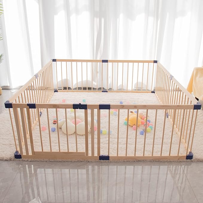 Wooden Baby Playpen Activity Center, Foldable Playpen for Babies and Toddlers, Extra Large Baby Fence Play Area with Safety Gate for Indoor Use, Corrales Para Bebes, 70.90"X 78.80"X 24",8-Panel w/Gate