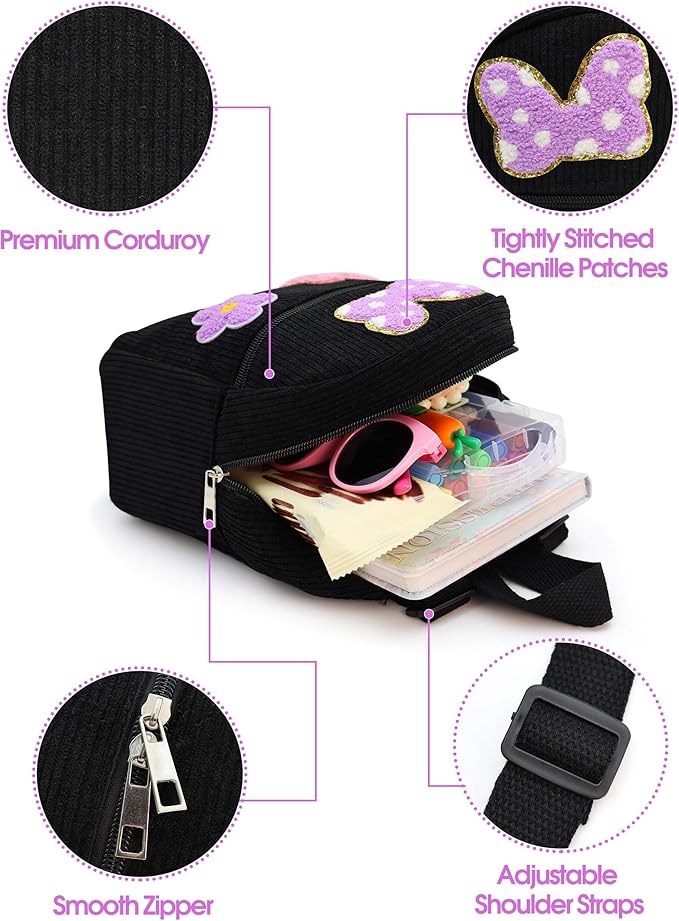 2 3 4 5 6 Year Old Girl Gifts Chenille Initial Mouse Bow Mini Backpack, Corduroy Toddler Backpacks Christmas Birthday Gifts for Girls 2-4 5-6, Black Mini Diaper Bag Must Haves for Park Travel Letter K