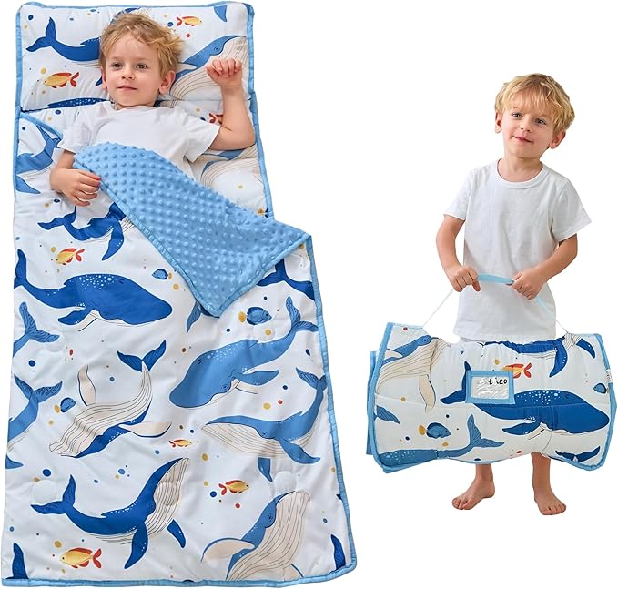 Toddler Nap Mat with Pillow and Blanket, Extra Large Rolled Napping Mats,Slumber Bags for Boys Girls,Kids Sleeping Bag for Daycare, Preschool Travel Camping
