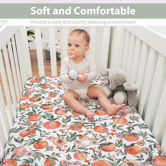 Vintage Peaches Baby Crib Sheets for Boy Girl 52x28Inch Retro Peach Flowers Leaves Soft Snug Fitted Crib Mattress Cover Sweet Spring Summer Fruit Nursery Baby Sheet for Crib & Toddler Bed Mattress