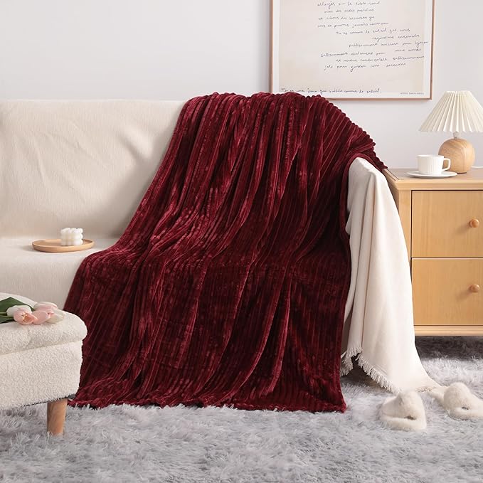 NTBAY Plush Flannel Twin Bed Blanket, 60X80 Inches Soft and Warm Lightweight Blanket with Striped Texture Bed Blanket for Couch Sofa Bed All Seasons, 60"x80", Wine Red